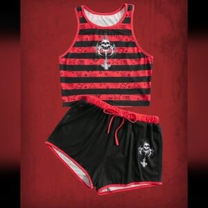 Medium ROMWE Grunge Punk Striped & Skull Print PJ Set